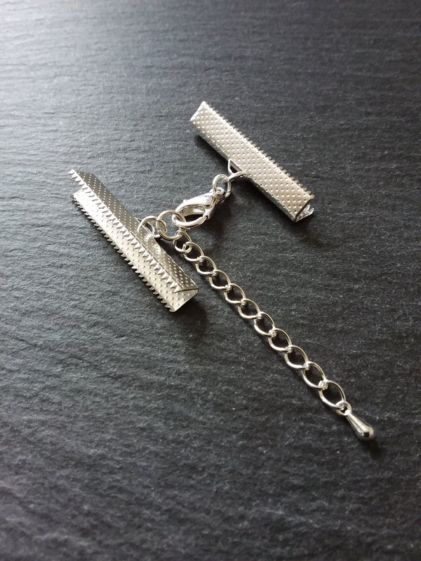 5 or 25 Silver Plated Crimp End Sets for 35mm (1 3/8") Wide Chokers with Extender Chain
