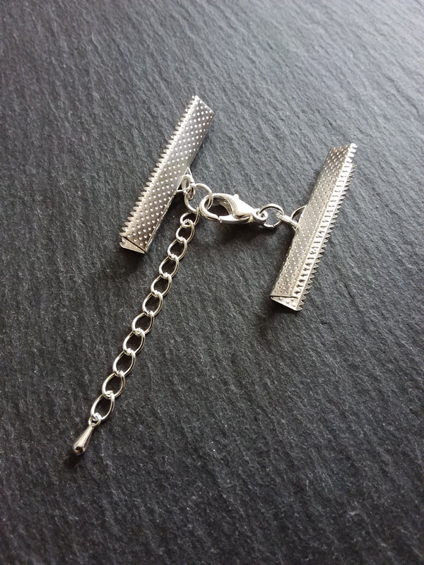 5 or 25 Silver Plated Crimp End Sets for 35mm (1 3/8") Wide Chokers with Extender Chain