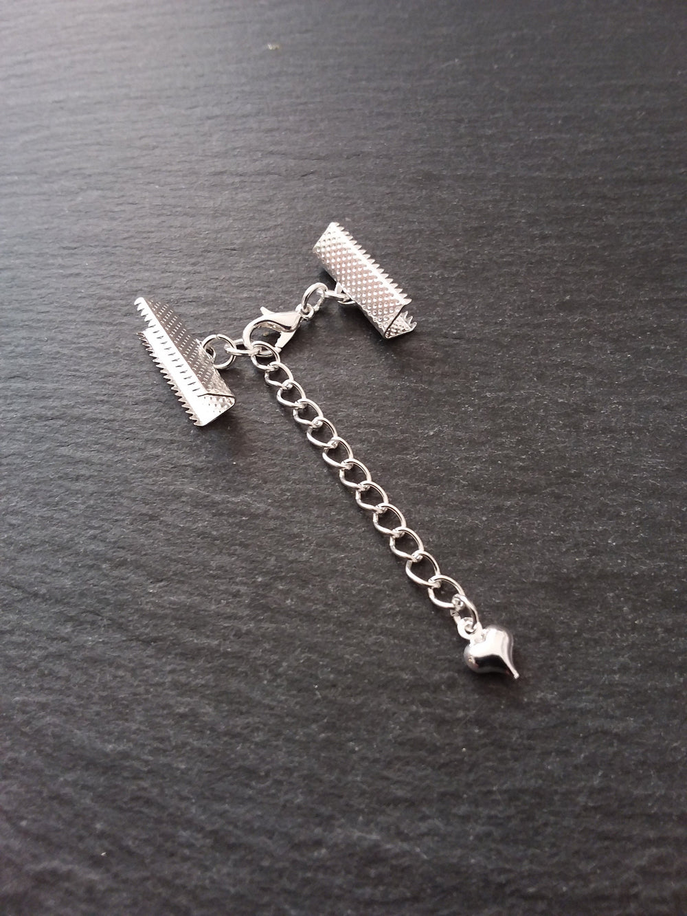5 Silver Plated Crimp End Sets for Ribbon with HEART Extender Chain