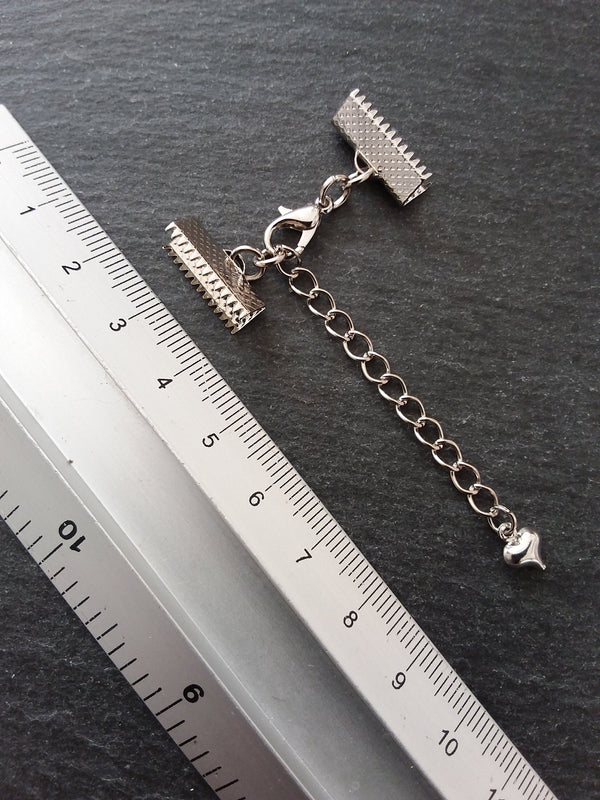 5 Antique Silver Tone Crimp End Sets for Ribbon Chokers with Heart Extender Chain (Various Sizes)