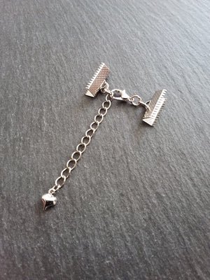 5 Antique Silver Tone Crimp End Sets for Ribbon Chokers with Heart Extender Chain (Various Sizes)