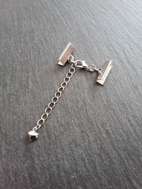 5 Antique Silver Tone Crimp End Sets for Ribbon Chokers with Heart Extender Chain (Various Sizes)