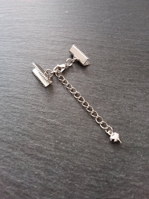 5 Antique Silver Tone Crimp End Sets for Ribbon Chokers with Heart Extender Chain (Various Sizes)
