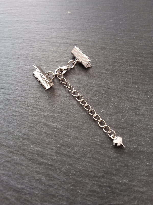 5 Antique Silver Tone Crimp End Sets for Ribbon Chokers with Heart Extender Chain (Various Sizes)