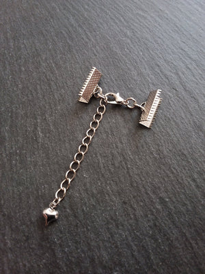 5 Antique Silver Tone Crimp End Sets for Ribbon Chokers with Heart Extender Chain (Various Sizes)