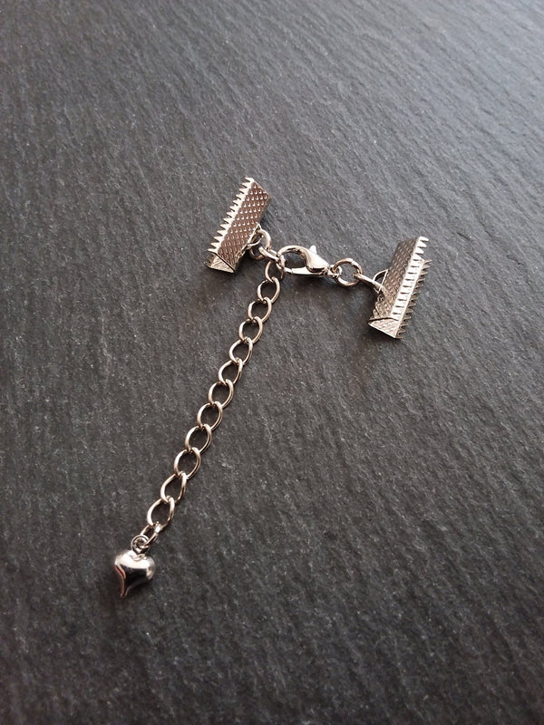 5 Antique Silver Tone Crimp End Sets for Ribbon Chokers with Heart Extender Chain (Various Sizes)