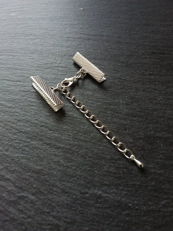 5 or 25 Silver Plated Crimp End Sets for 25mm (1 inch) Wide Ribbon Chokers with Extender Chain