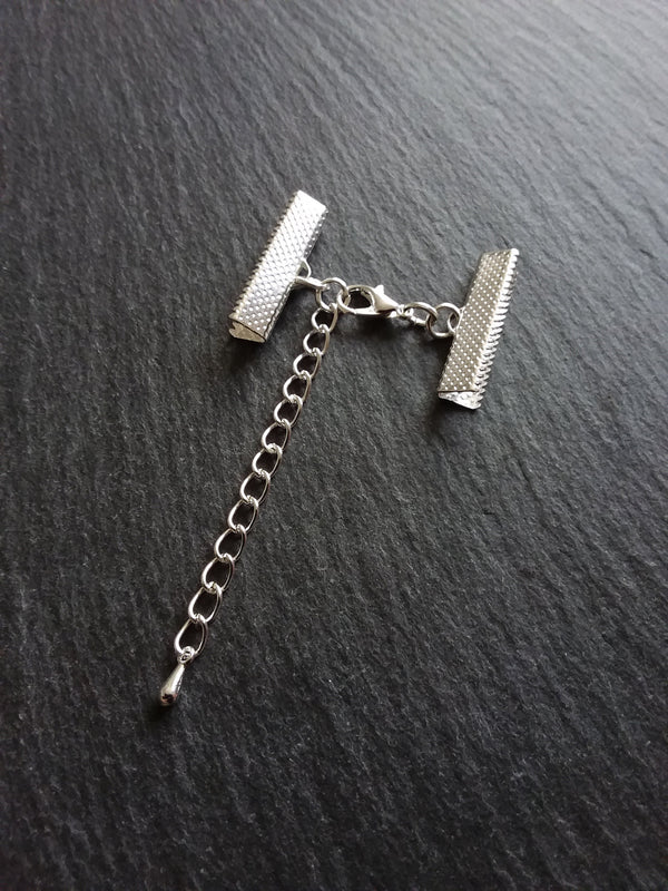 5 or 25 Silver Plated Crimp End Sets for 25mm (1 inch) Wide Ribbon Chokers with Extender Chain