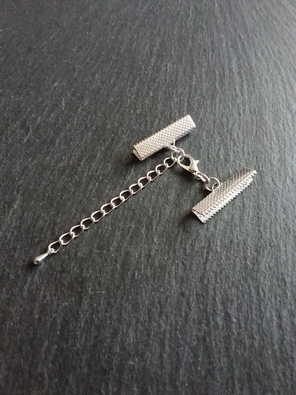 5 or 25 Silver Plated Crimp End Sets for 25mm (1 inch) Wide Ribbon Chokers with Extender Chain
