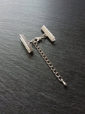 5 or 25 Silver Plated Crimp End Sets for 25mm (1 inch) Wide Ribbon Chokers with Extender Chain