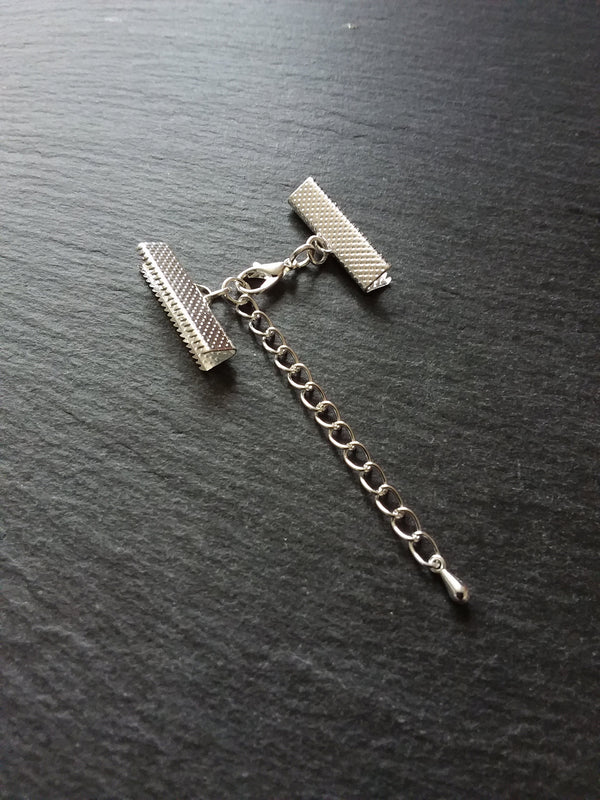 5 or 25 Silver Plated Crimp End Sets for 25mm (1 inch) Wide Ribbon Chokers with Extender Chain