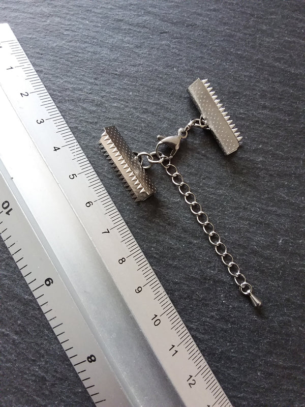 4 or 20 Stainless Steel Patterned Crimp End Sets for 25mm (1 inch) Ribbon with Lobster Clasps & Extender Chain