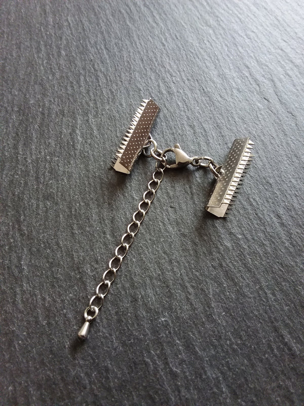 4 or 20 Stainless Steel Patterned Crimp End Sets for 25mm (1 inch) Ribbon with Lobster Clasps & Extender Chain