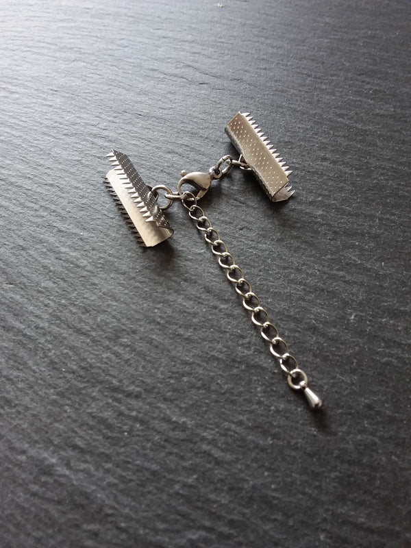 4 or 20 Stainless Steel Patterned Crimp End Sets for 25mm (1 inch) Ribbon with Lobster Clasps & Extender Chain