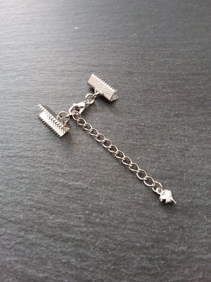 5 Antique Silver Tone Crimp End Sets for Ribbon Chokers with Heart Extender Chain (Various Sizes)