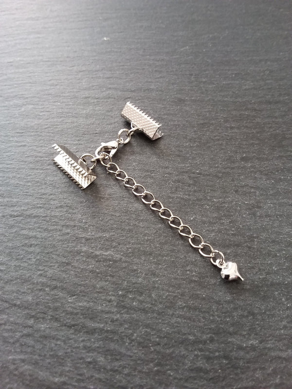 5 Antique Silver Tone Crimp End Sets for Ribbon Chokers with Heart Extender Chain (Various Sizes)