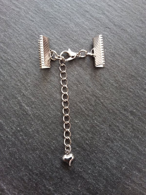 5 Antique Silver Tone Crimp End Sets for Ribbon Chokers with Heart Extender Chain (Various Sizes)