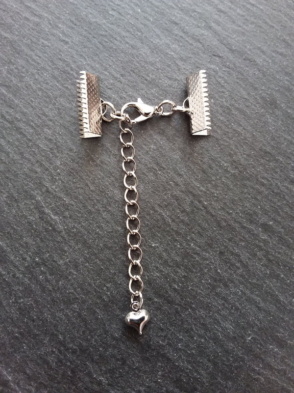 5 Antique Silver Tone Crimp End Sets for Ribbon Chokers with Heart Extender Chain (Various Sizes)