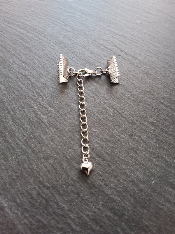 5 Antique Silver Tone Crimp End Sets for Ribbon Chokers with Heart Extender Chain (Various Sizes)