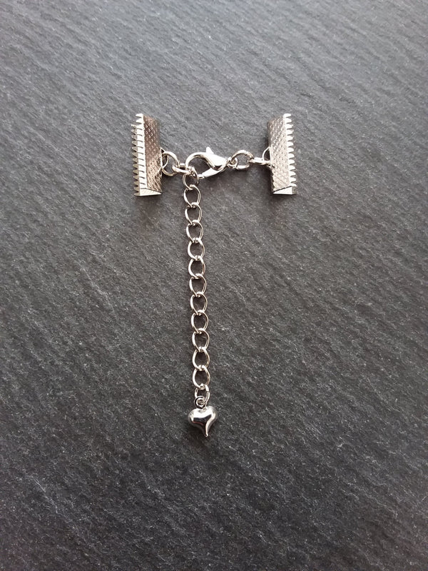 5 Antique Silver Tone Crimp End Sets for Ribbon Chokers with Heart Extender Chain (Various Sizes)