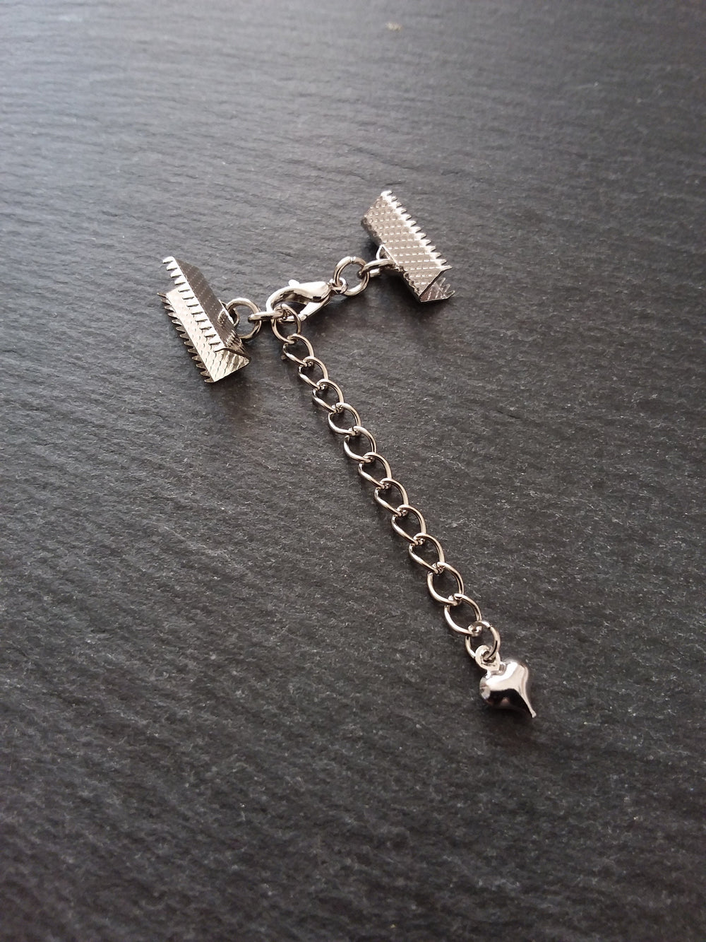 5 Antique Silver Tone Crimp End Sets for Ribbon Chokers with Heart Extender Chain (Various Sizes)