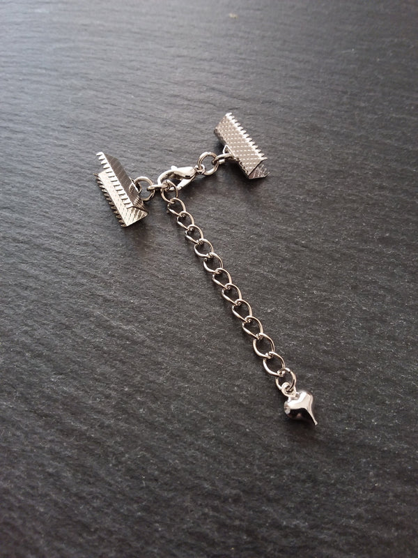 5 Antique Silver Tone Crimp End Sets for Ribbon Chokers with Heart Extender Chain (Various Sizes)