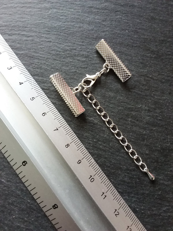 5 or 25 Silver Plated Crimp End Sets for 25mm (1 inch) Wide Ribbon Chokers with Extender Chain