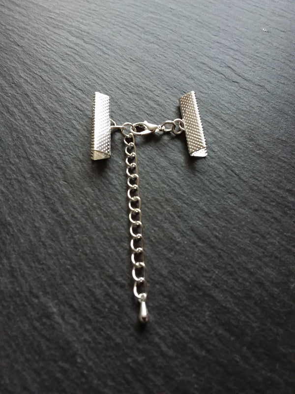 5 or 25 Silver Plated Crimp End Sets for 25mm (1 inch) Wide Ribbon Chokers with Extender Chain