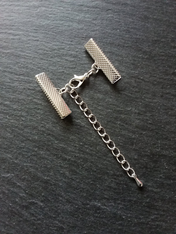 5 or 25 Silver Plated Crimp End Sets for 25mm (1 inch) Wide Ribbon Chokers with Extender Chain