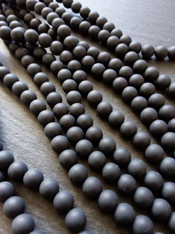 8mm Frosted Natural Black Agate Undyed Gemstone Round Beads Full 15.7 inch Strand