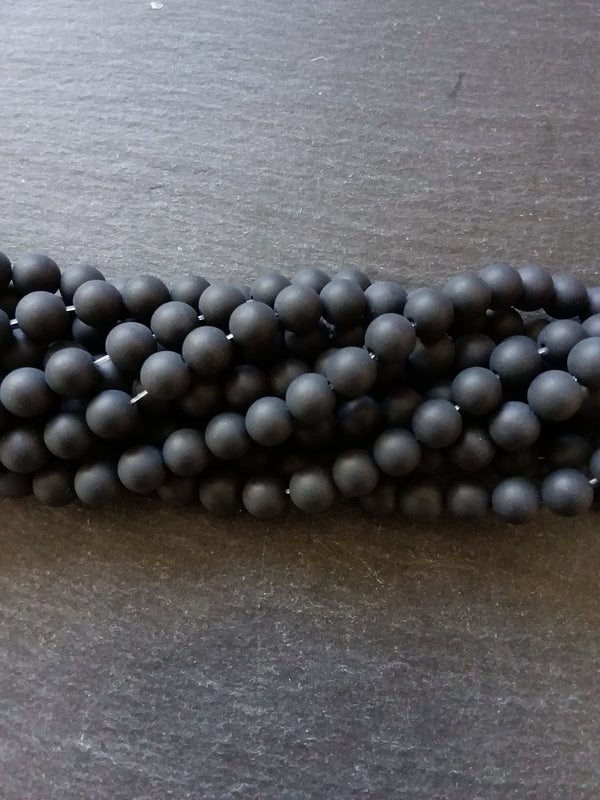 8mm Frosted Natural Black Agate Undyed Gemstone Round Beads Full 15.7 inch Strand