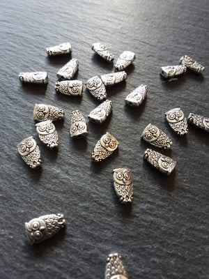 10 or 50 Owl Beads Antique Silver Tone 6x10mm. Hole: 1mm Nickel FREE