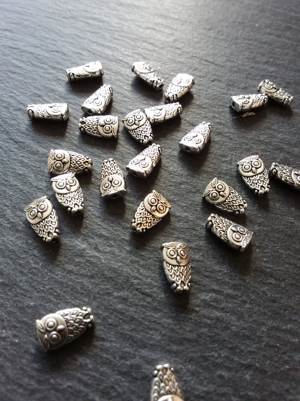 10 or 50 Owl Beads Antique Silver Tone 6x10mm. Hole: 1mm Nickel FREE