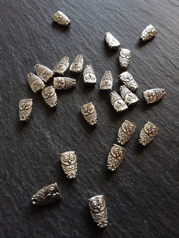 10 or 50 Owl Beads Antique Silver Tone 6x10mm. Hole: 1mm Nickel FREE