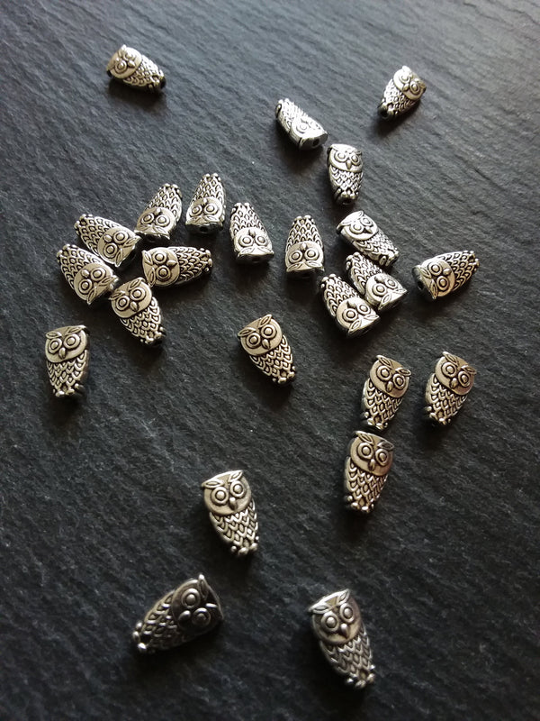 10 or 50 Owl Beads Antique Silver Tone 6x10mm. Hole: 1mm Nickel FREE