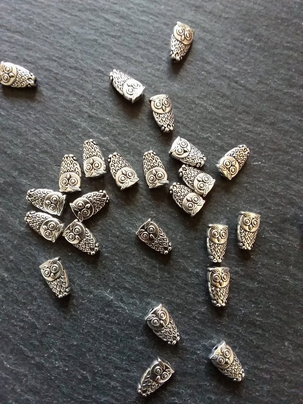 10 or 50 Owl Beads Antique Silver Tone 6x10mm. Hole: 1mm Nickel FREE