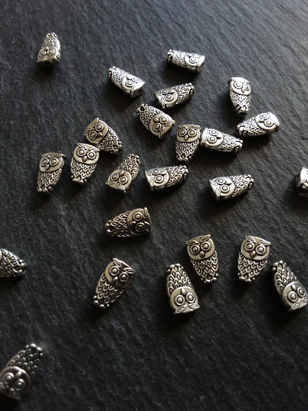 10 or 50 Owl Beads Antique Silver Tone 6x10mm. Hole: 1mm Nickel FREE
