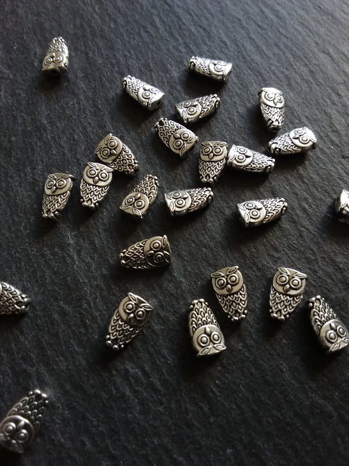 10 or 50 Owl Beads Antique Silver Tone 6x10mm. Hole: 1mm Nickel FREE