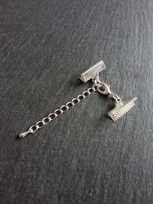 5 or 25 Silver Plated Crimp End Sets for 16mm (5/8") Wide Ribbon Chokers with Extender Chain