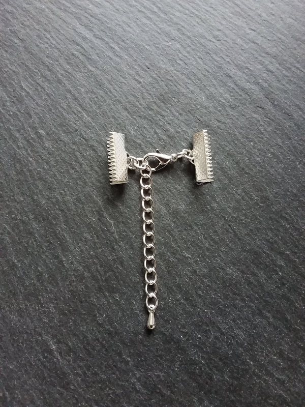 5 or 25 Silver Plated Crimp End Sets for 16mm (5/8") Wide Ribbon Chokers with Extender Chain
