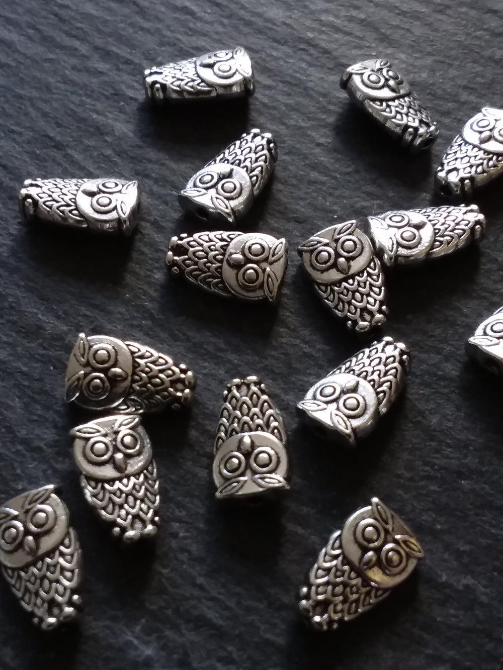 10 or 50 Owl Beads Antique Silver Tone 6x10mm. Hole: 1mm Nickel FREE