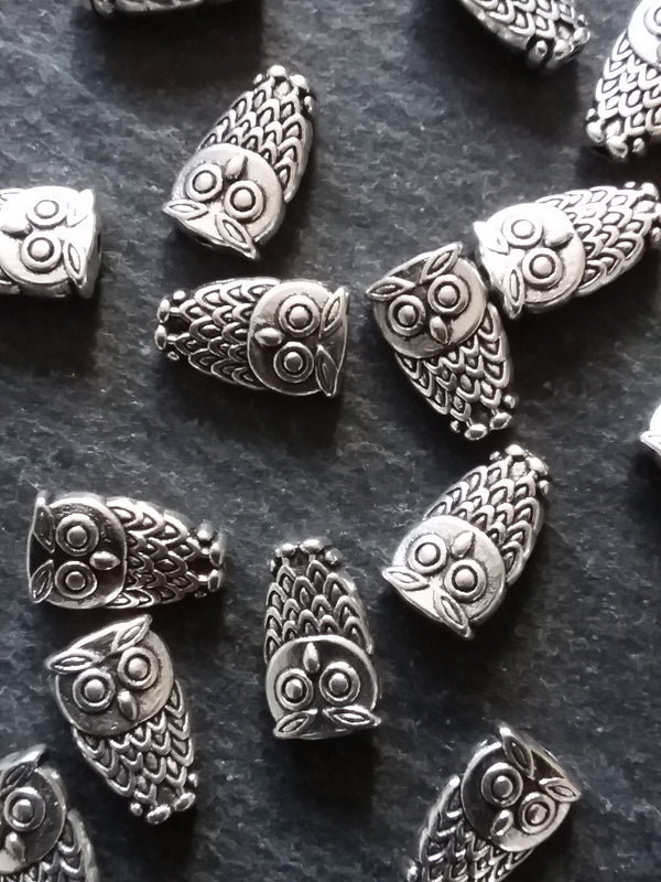 10 or 50 Owl Beads Antique Silver Tone 6x10mm. Hole: 1mm Nickel FREE