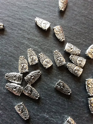 10 or 50 Owl Beads Antique Silver Tone 6x10mm. Hole: 1mm Nickel FREE