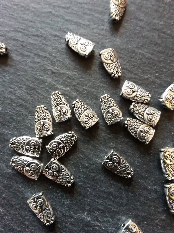 10 or 50 Owl Beads Antique Silver Tone 6x10mm. Hole: 1mm Nickel FREE