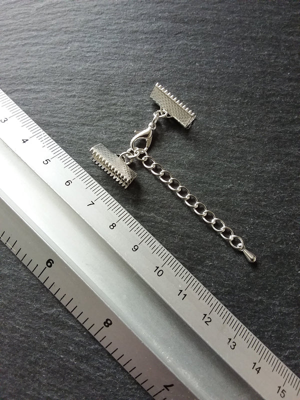5 or 25 Silver Plated Crimp End Sets for 16mm (5/8") Wide Ribbon Chokers with Extender Chain