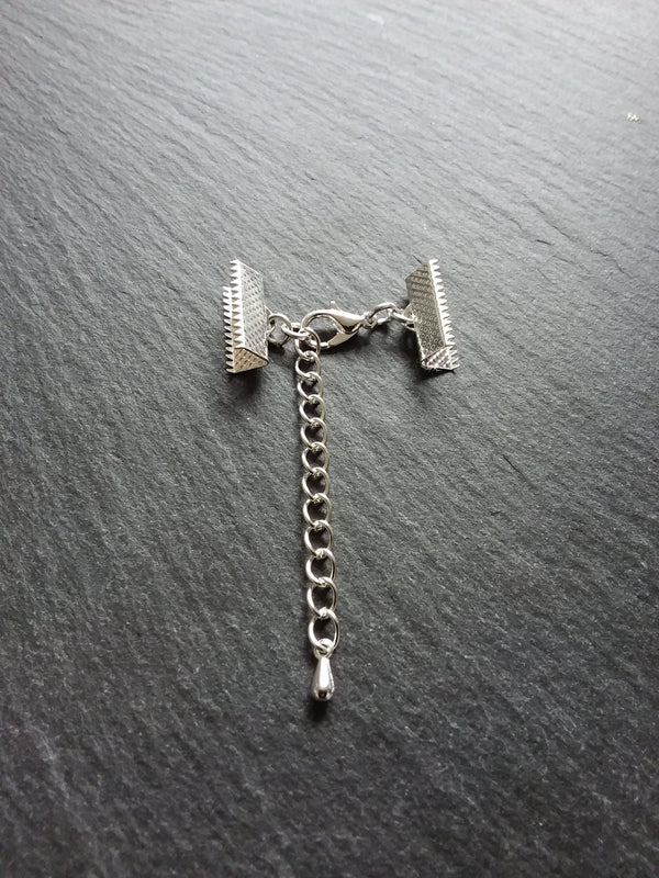 5 or 25 Silver Plated Crimp End Sets for 16mm (5/8") Wide Ribbon Chokers with Extender Chain