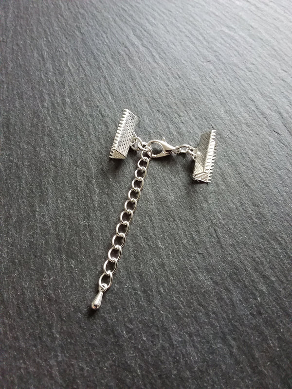5 or 25 Silver Plated Crimp End Sets for 16mm (5/8") Wide Ribbon Chokers with Extender Chain