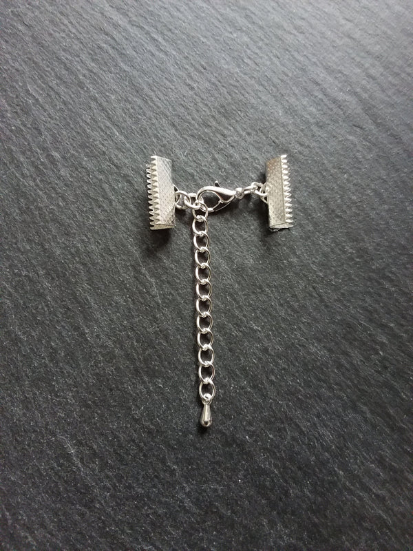 5 or 25 Silver Plated Crimp End Sets for 16mm (5/8") Wide Ribbon Chokers with Extender Chain