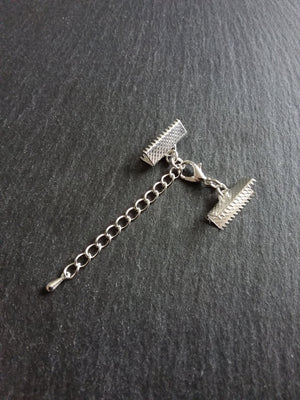 5 or 25 Silver Plated Crimp End Sets for 16mm (5/8") Wide Ribbon Chokers with Extender Chain