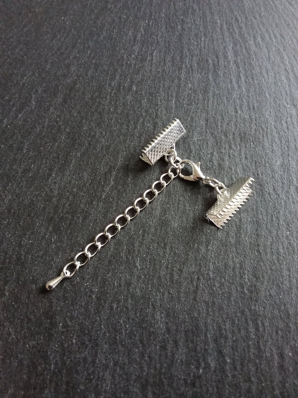 5 or 25 Silver Plated Crimp End Sets for 16mm (5/8") Wide Ribbon Chokers with Extender Chain